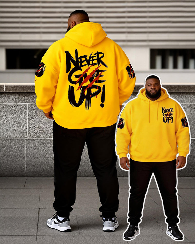 Big & Tall Men's Bright Yellow "Never Give Up" Printed Hoodie Set