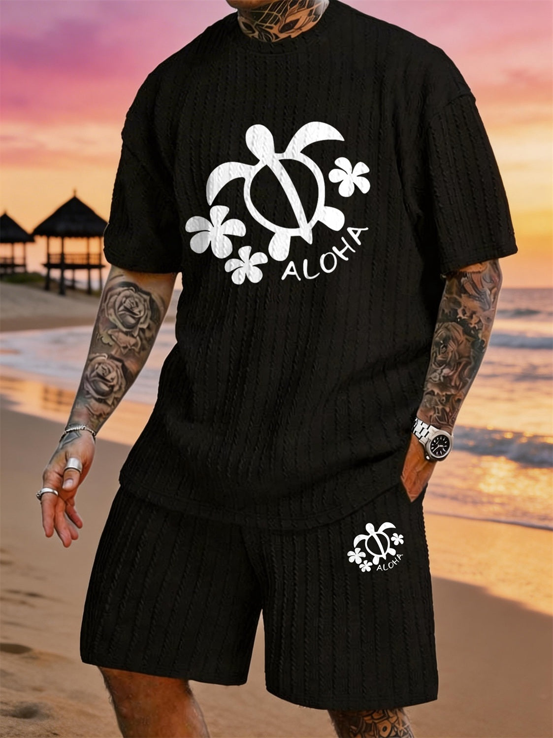 ALOHA Turtle Floral Print Texture Large Size Vacation Set