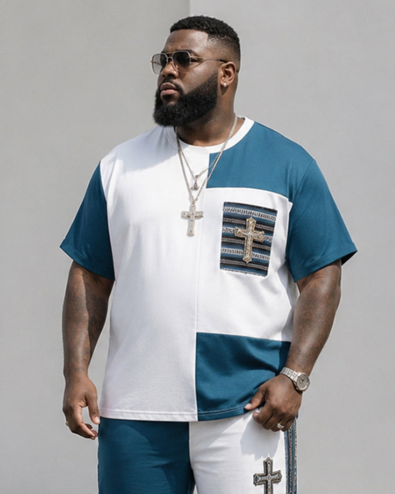 Big & Tall Men's Blue And White Contrast Stitching Cross Printed T-Shirt Pants Set