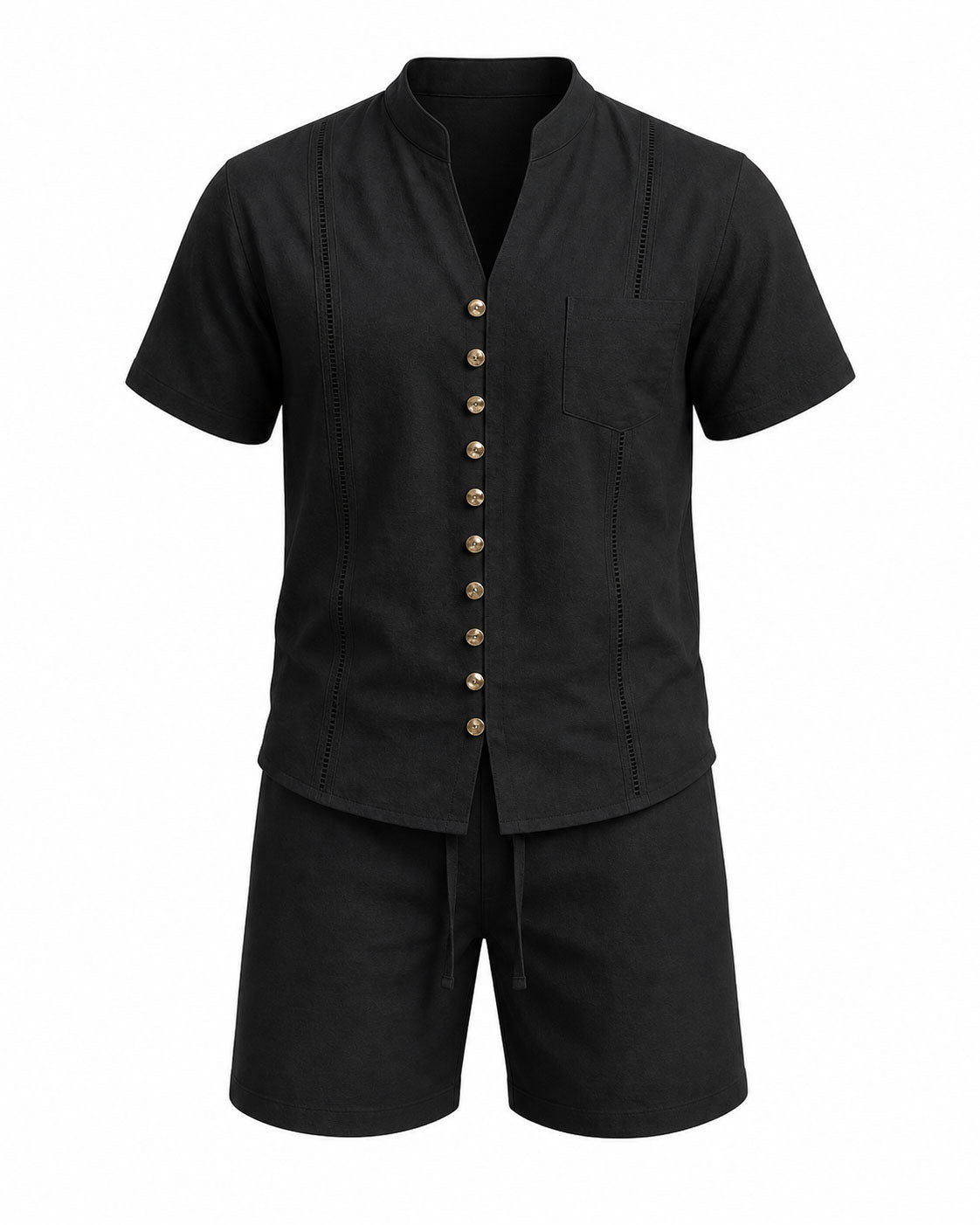 Men's Linen Solid Color Breathable Eco-Friendly Comfortable Retro Casual Button V-Neck Cardigan Short Sleeve Shirt Shorts Set