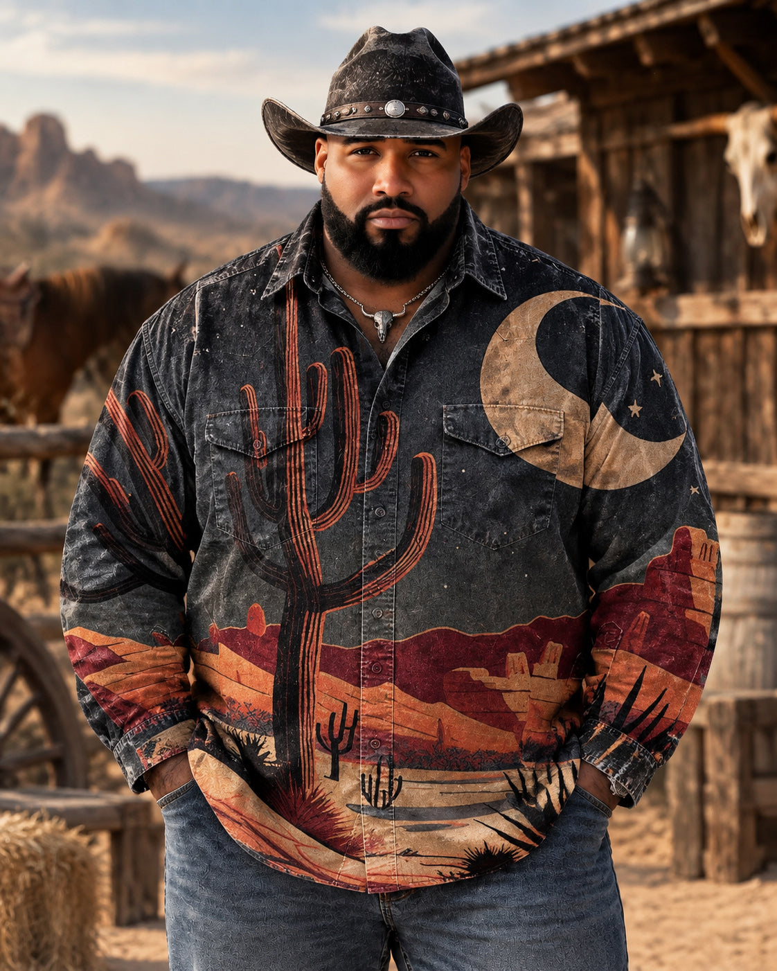 Big & Tall Men's Vintage Western-style Cactus Desert Print Long Sleeve Shirt