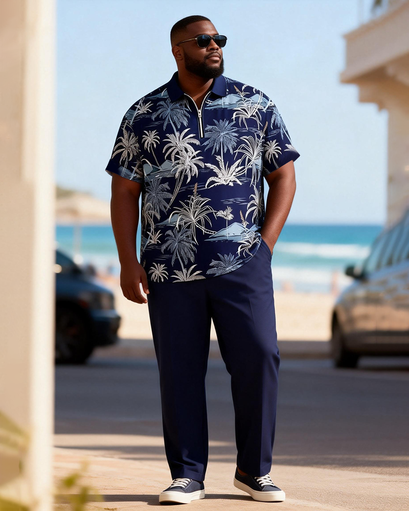 Big & Tall Men's Navy Blue Full Print Coconut Tree Print Zipper Polo Short Sleeve Trousers Set