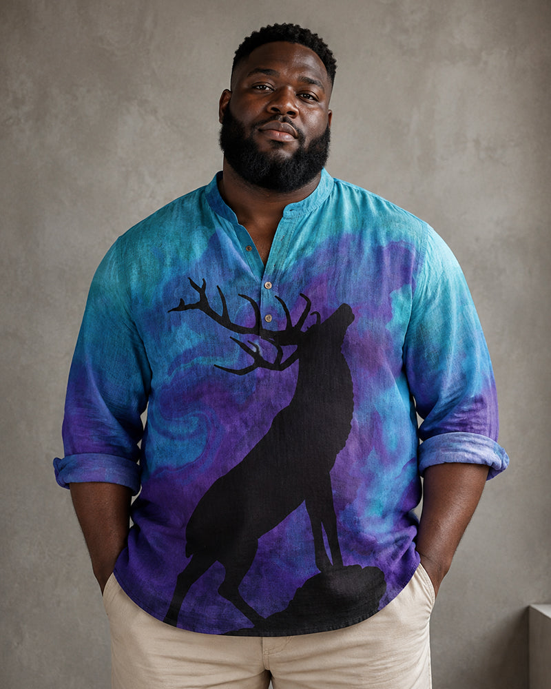 Big & Tall Men's Starry Elk Silhouette Print Collar Long Sleeve Shirt