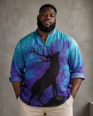 Big & Tall Men's Starry Elk Silhouette Print Collar Long Sleeve Shirt