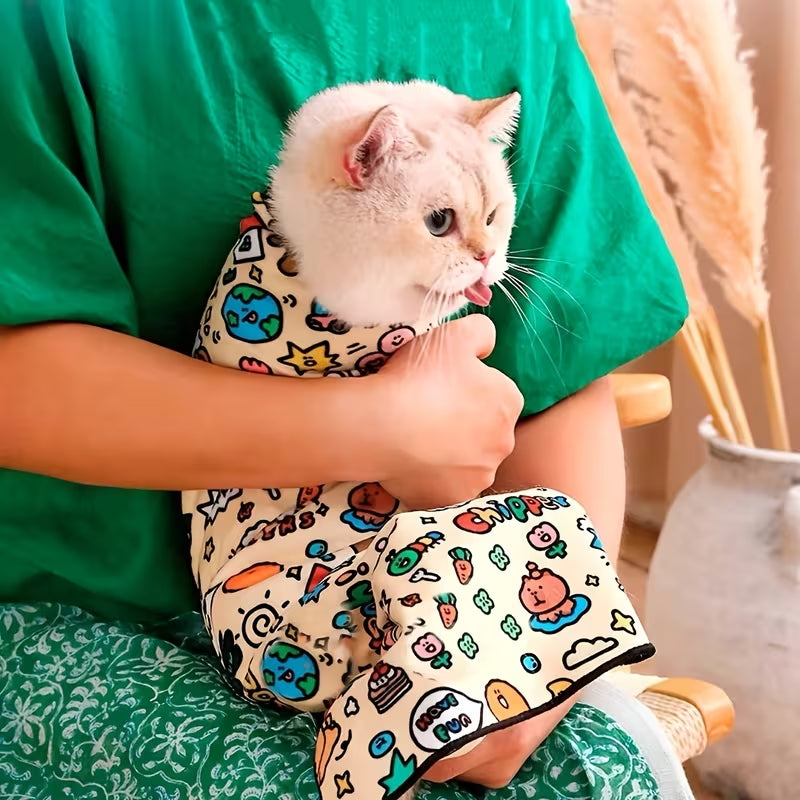 1pc Self-Adhesive Magic Wrap Cat Carrier Blanket - Cartoon Doodle Design with Stars, Clouds & Animals, Scratch-Resistant Escape-Proof Pet Wrap for Feeding, Grooming & Travel, Easy No-Roll Application, Grooming