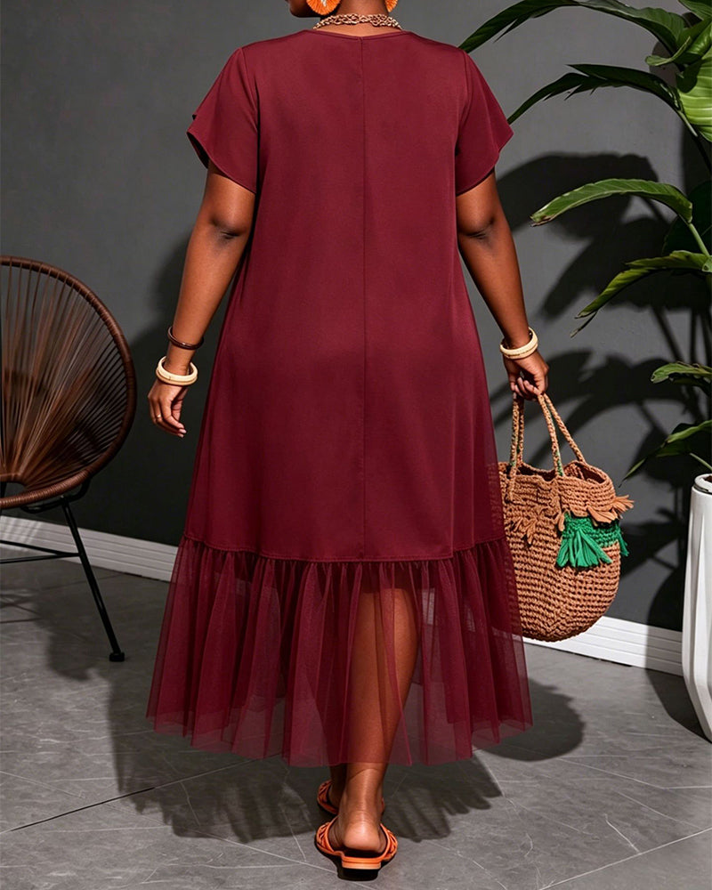 L-4XL Solid Color Design Mesh Stitching Midi Dress