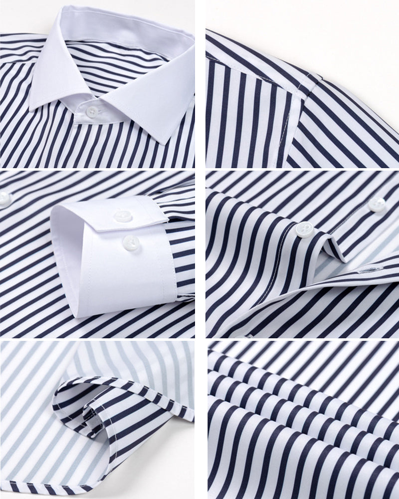 S-3XL Men's Business Stripe Windsor Collar Stretch Long Sleeve Shirt-Free Ironing