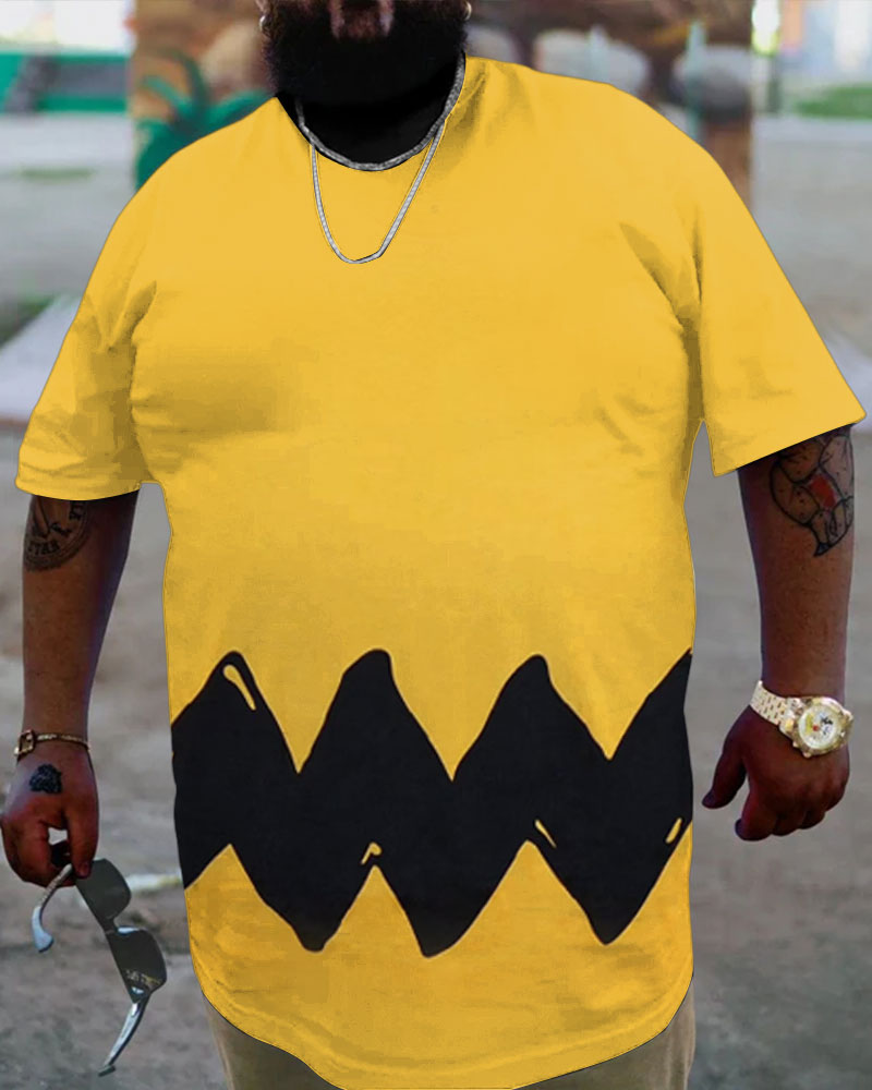 Big & Tall Men's Yellow Black Wave Print Round Neck Short Sleeve T-Shirt