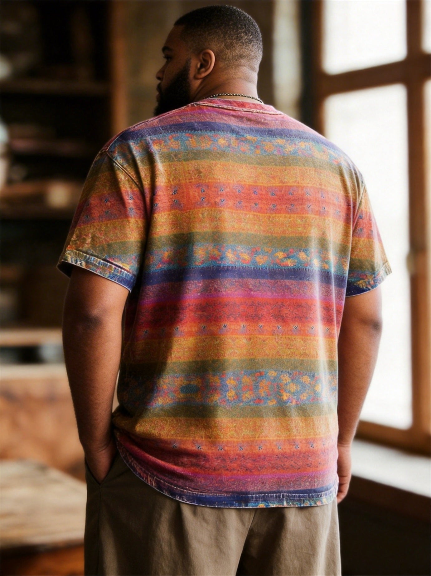 Big & Tall Men's Ethnic Stripe Printed Round Neck Short Sleeve T-Shirt