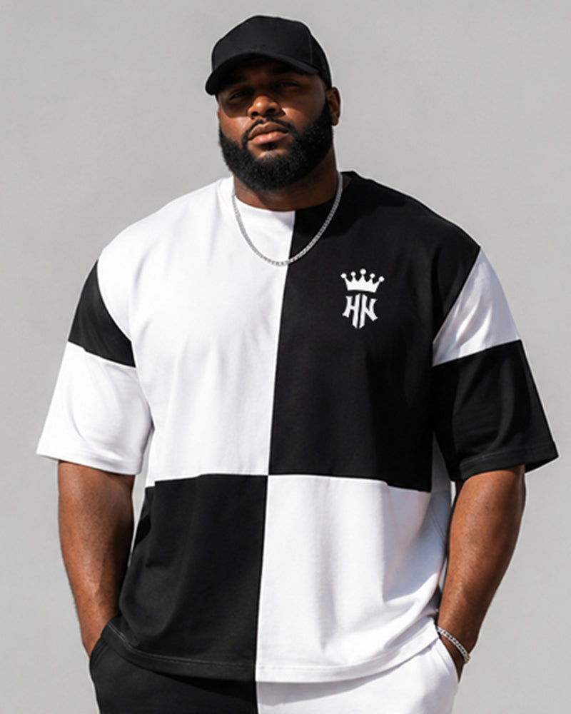 Big & Tall Men's Black And White Checkerboard Stitching Crown Printed Round Neck Short Sleeve T-shirt Shorts Set
