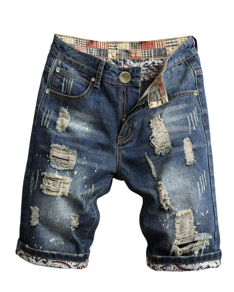28-48 Size Splash Ink Dot Distressed Hole Ethnic Print Turn-up Denim Cropped Shorts