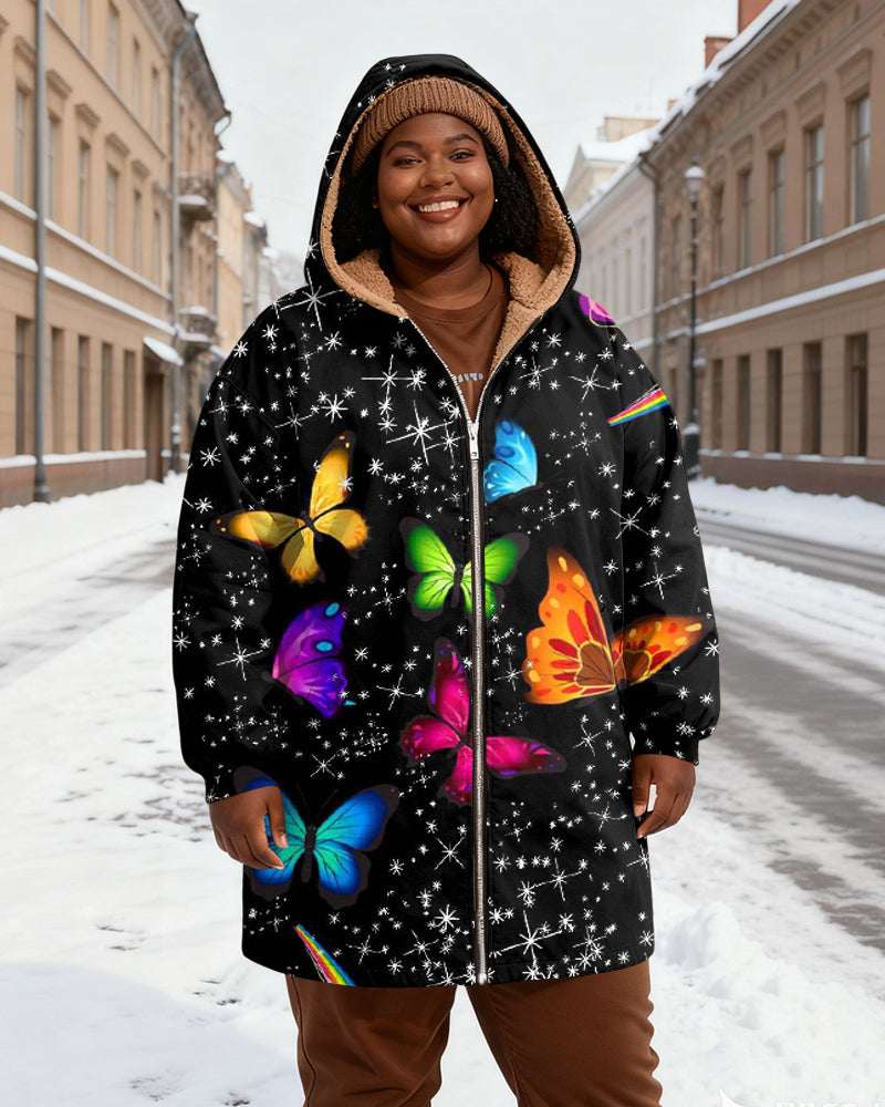 Women's Black Starry Sky Colorful Butterfly Printed Velvet Thickened Long Hooded Coat