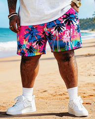 Big & Tall Men's White Powder Coconut Print Round Neck Short Sleeve T-Shirt Shorts Set