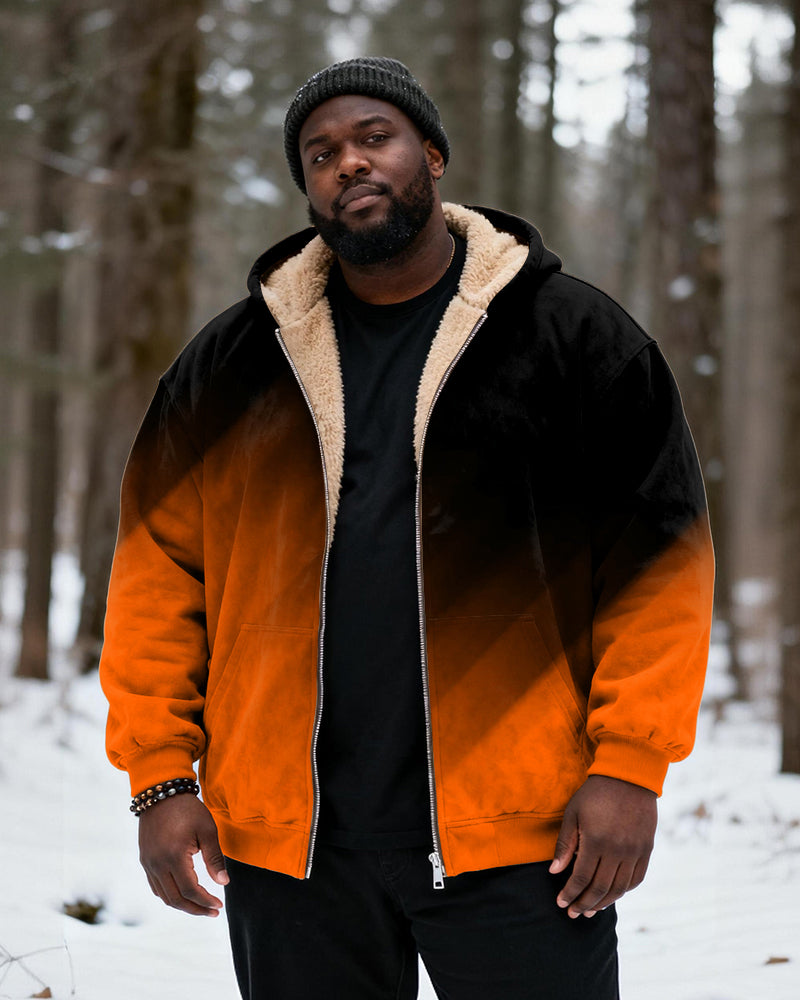 Big & Tall Men's Black And Red Gradient Print Velvet Thickened Zip Cardigan Hoodie