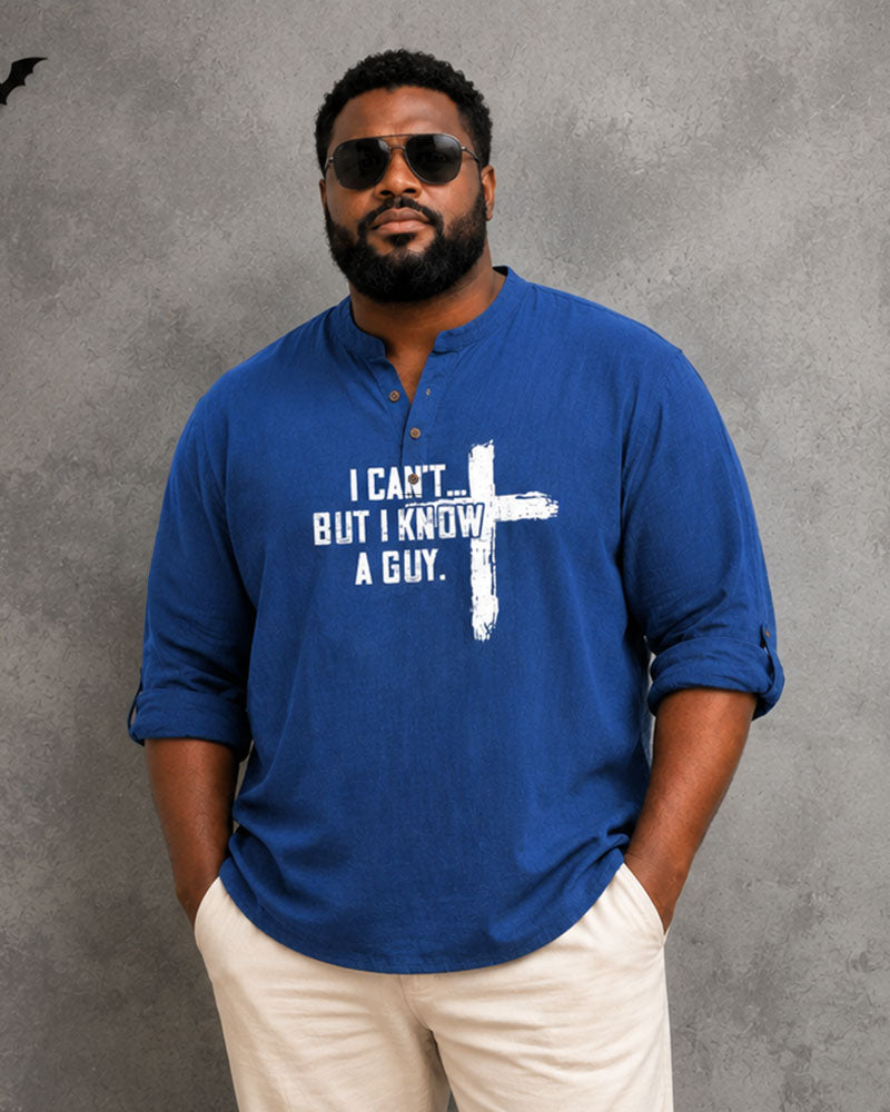 Big & Tall Men's Retro Distressed Cross Text Print Stand Collar Long Sleeve Shirt