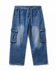 4XL-9XL Plus Size Men's Washed White Multi-Pocket Tooling Staggable Waist Denim Pants