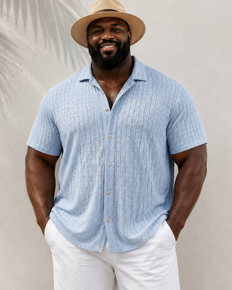 S-2XL Men's Casual Striped Cut-out Lapel Short Sleeve Shirt