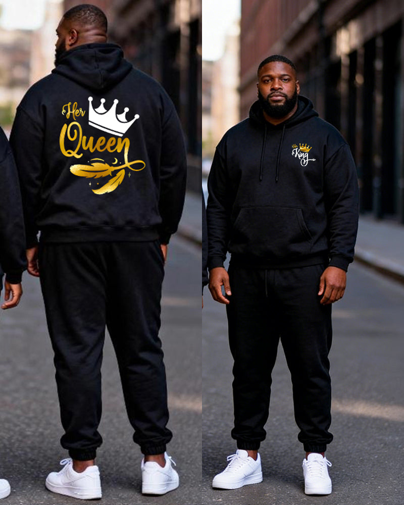 Big & Tall Couples Black Gold Crown "Her King & His Queen" Printed Hoodie Set