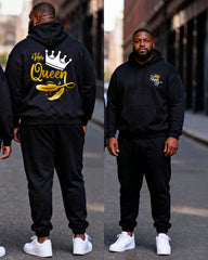 Big & Tall Couples Black Gold Crown "Her King & His Queen" Printed Hoodie Set