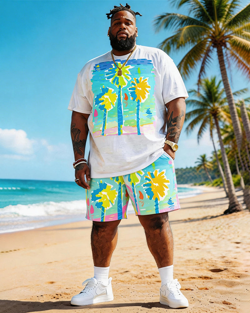 Big & Tall Men's Macaroon Coconut Hand-painted Wind Printed Round Neck Short-sleeved T-shirt Shorts Set