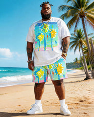 Big & Tall Men's Macaroon Coconut Hand-painted Wind Printed Round Neck Short-sleeved T-shirt Shorts Set