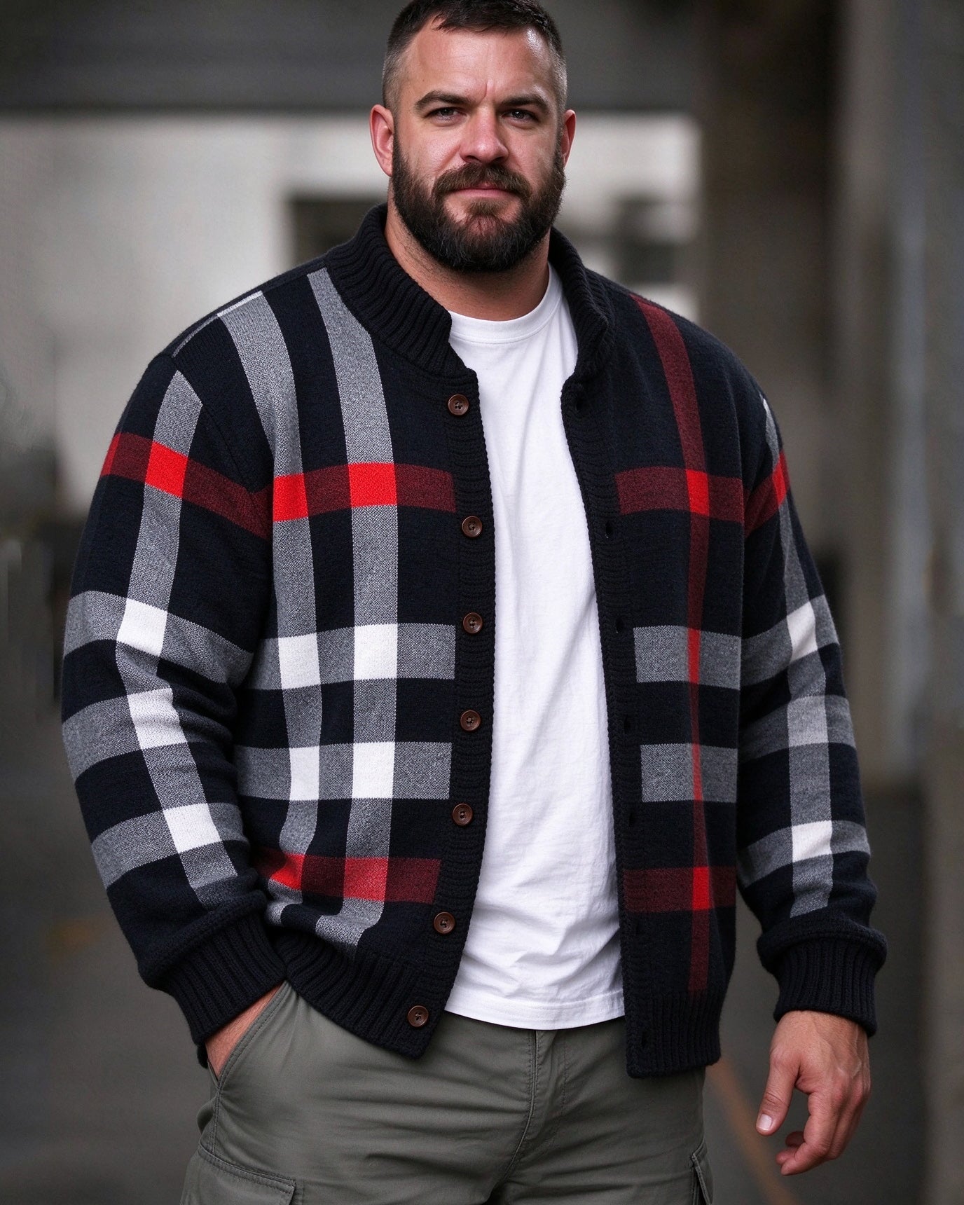 Big & Tall Men's Classic Plaid and Stripes Knit Cardigan