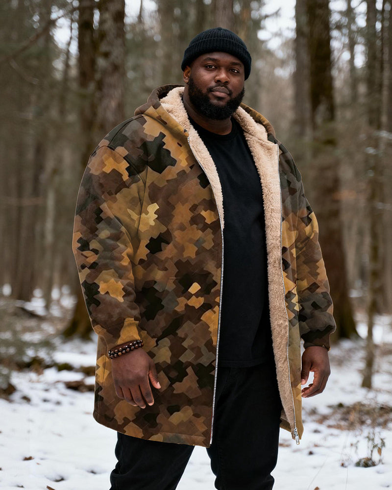 Big & Tall Men's Hunting Style Yellow Brown Black Geometric Camouflage Printed Velvet Thickened Long Hooded Coat