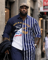 Big & Tall Men's Shark-stripe Paneling Prints Long Sleeve Shirt Pants Set