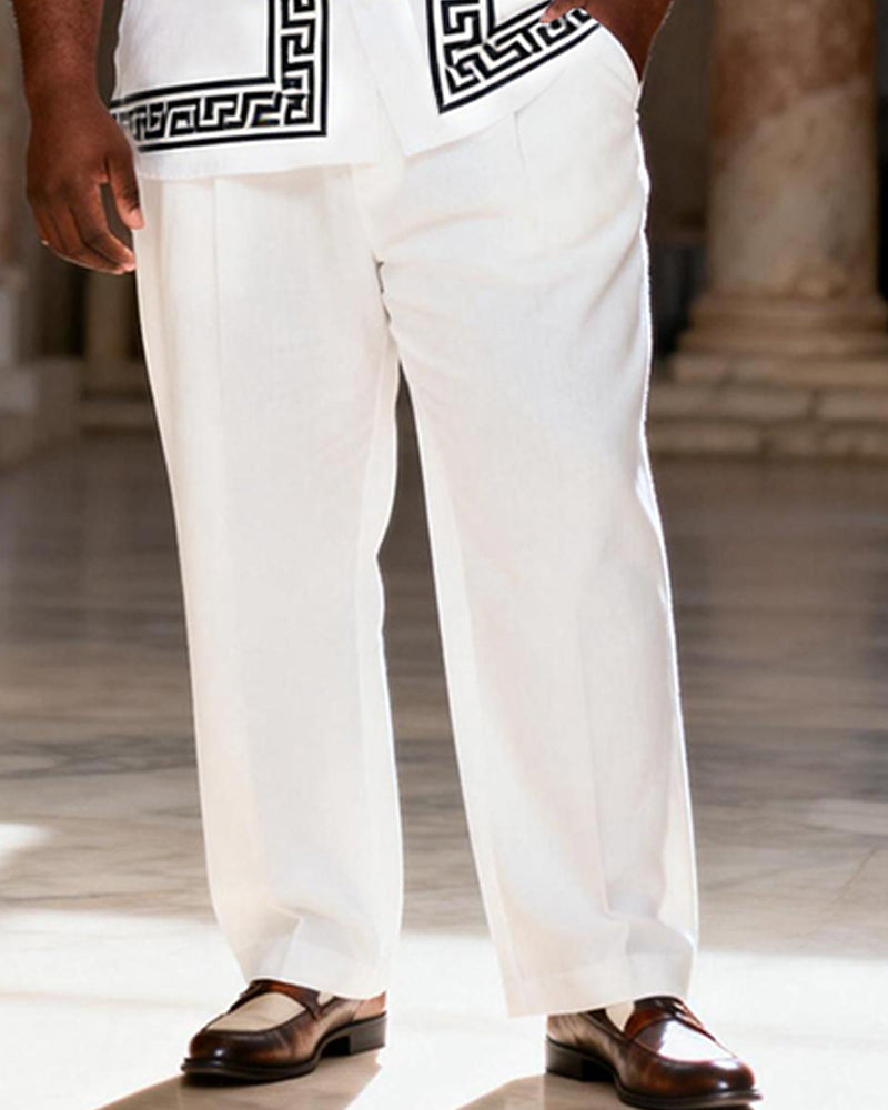 Big & Tall Men's White And Black Greek Printed Short Sleeve Shirt Trousers Set