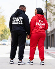 Big & Tall Couples Black And Red Contrast Color "Peace" Gesture Slogan Printed Hoodie Set