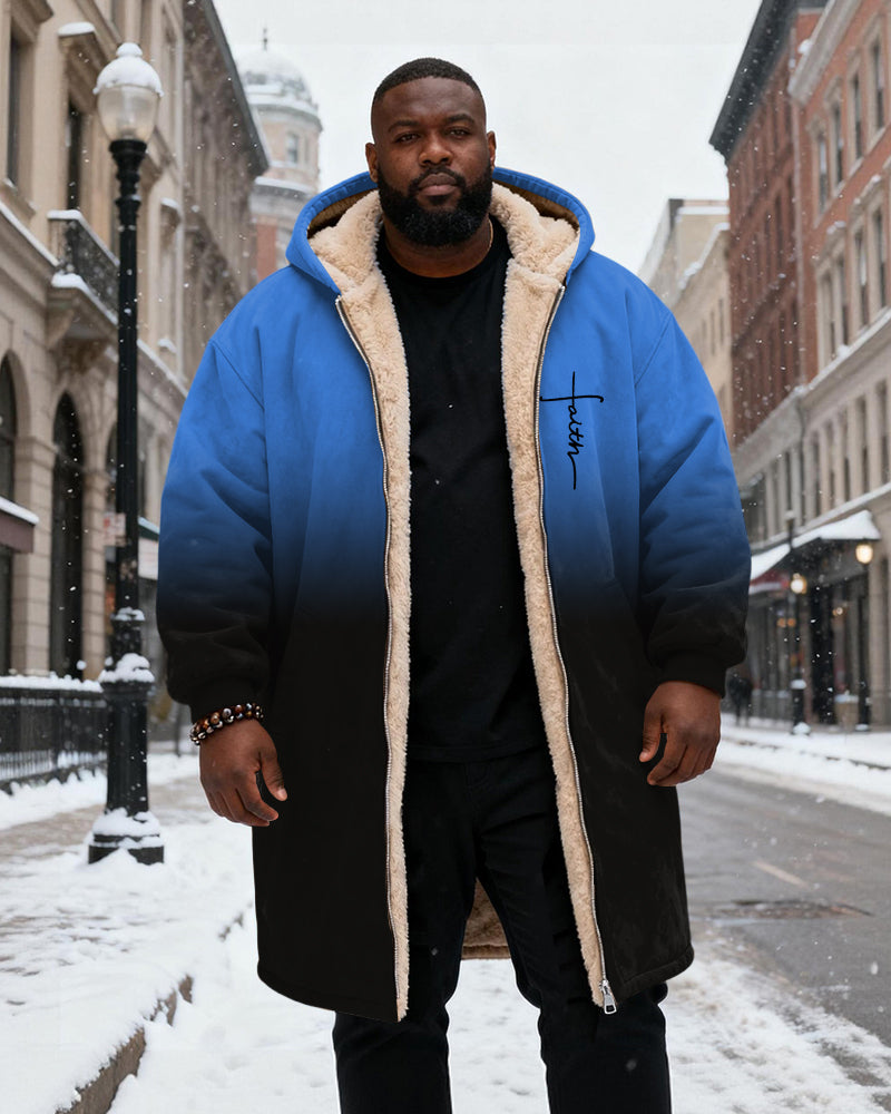 Big & Tall Men's Faith Gradient Print Velvet Thickened Long Hooded Coat