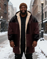 Big & Tall Men's Retro Wave Dot Stitching Printed Velvet Padded Long Hooded Coat