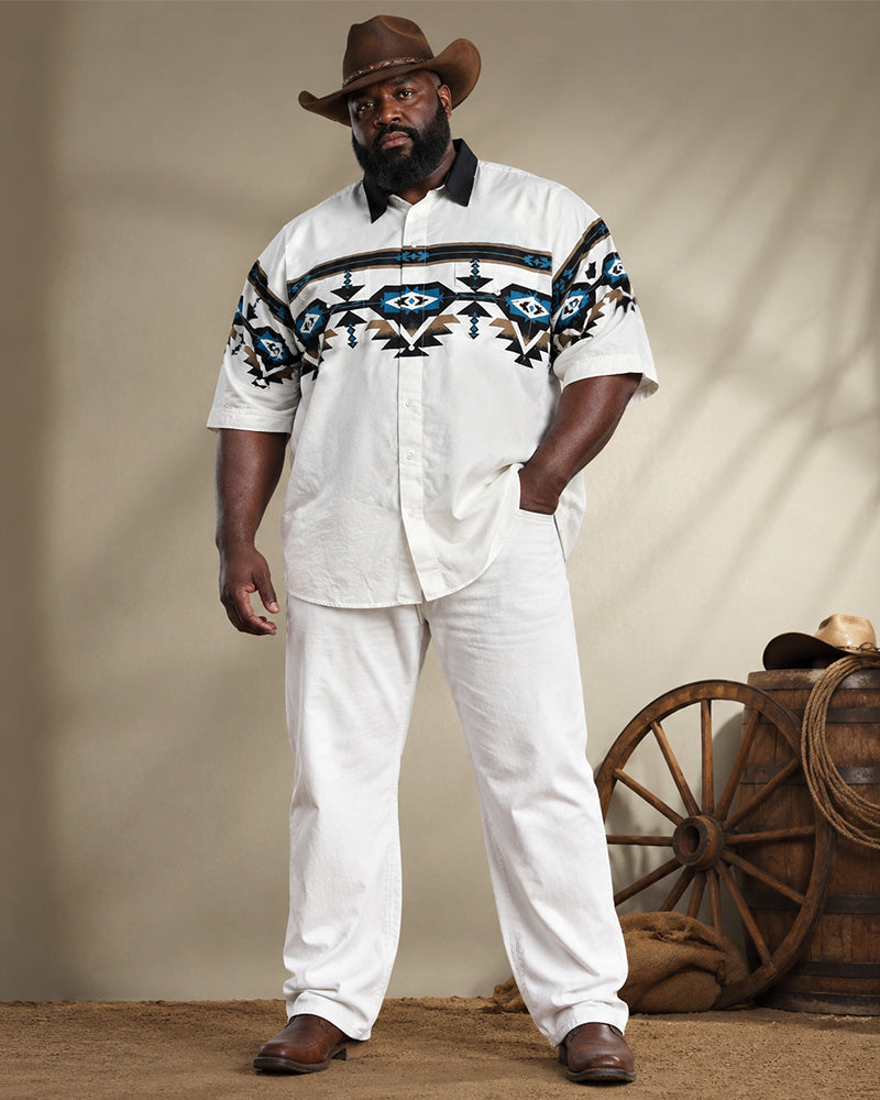Big & Tall Men's White Base Color Navajo Tribe Geometric Print Short Sleeve Shirt Pants Set