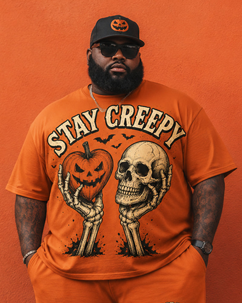 Big & Tall Men's STAY CREEPY Skull Pumpkin Vintage Printed Crewneck Short Sleeve T-Shirt Shorts Set