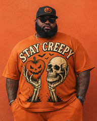 Big & Tall Men's STAY CREEPY Skull Pumpkin Vintage Printed Crewneck Short Sleeve T-Shirt Shorts Set