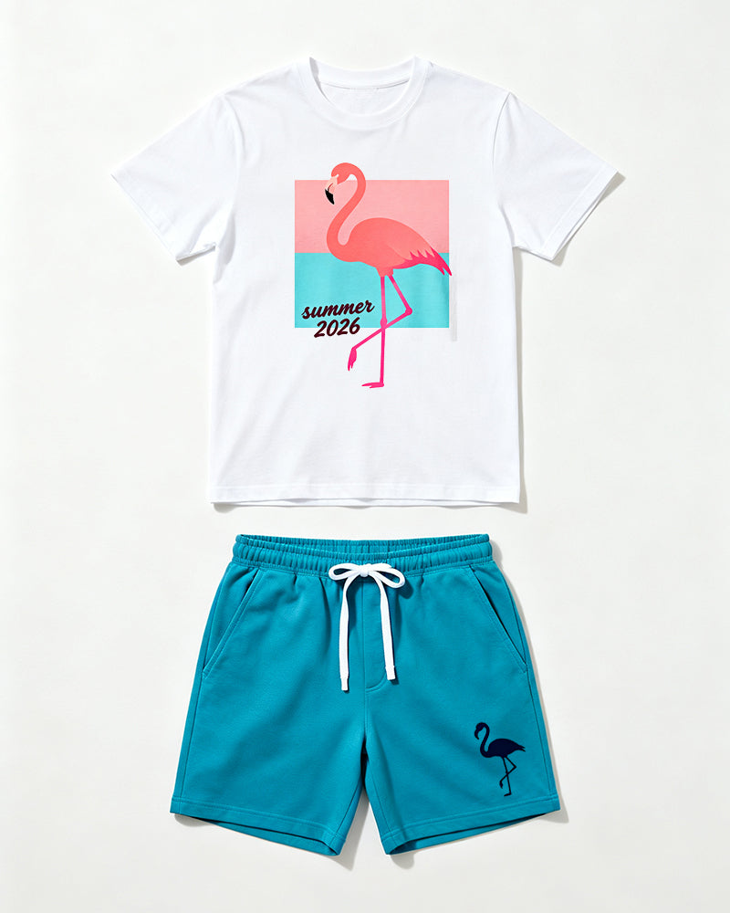 Big & Tall Men's Summer Flamingo Print Crew Neck Short-Sleeve T-Shirt And Shorts Set
