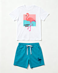 Big & Tall Men's Summer Flamingo Print Crew Neck Short-Sleeve T-Shirt And Shorts Set