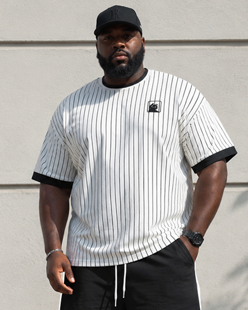 Big & Tall Men’s Fine-Striped Small-Logo Color-Block Printed Crew-Neck Short-Sleeve T-Shirt And Shorts Set