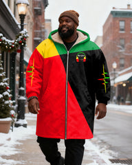 Big & Tall Men's Reggae Contrast Electrocardiogram Printed Velvet Thickened Long Hooded Coat