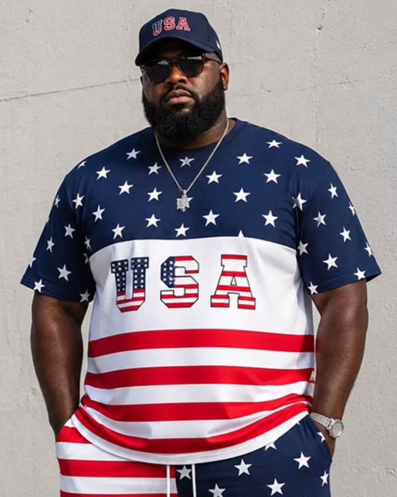 Big & Tall Men's USA Letter Stars And Stripes Patchwork Printed Round Neck Short Sleeve T-Shirt Shorts Set