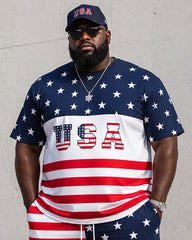 Big & Tall Men's USA Letter Stars And Stripes Patchwork Printed Round Neck Short Sleeve T-Shirt Shorts Set