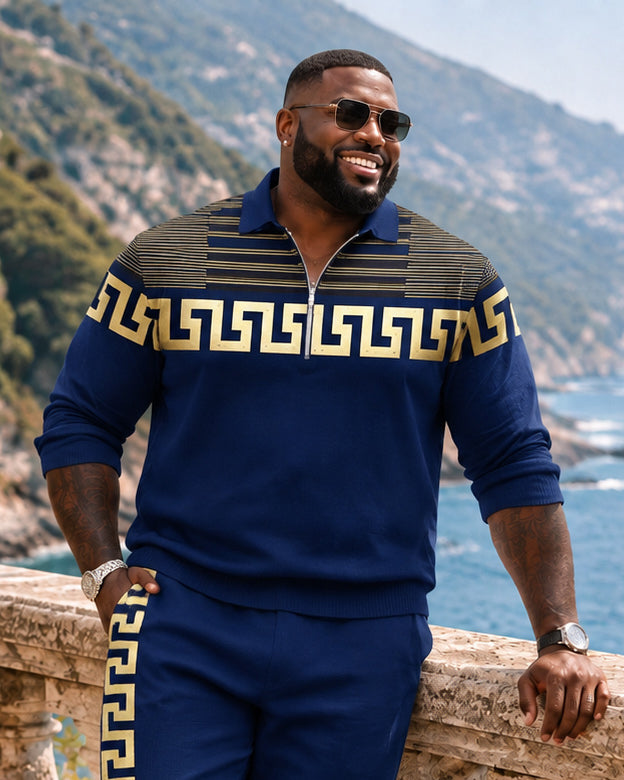 Big & Tall Men's Navy Blue Gold Greek Key Pattern Half Zip Sweatshirt Set