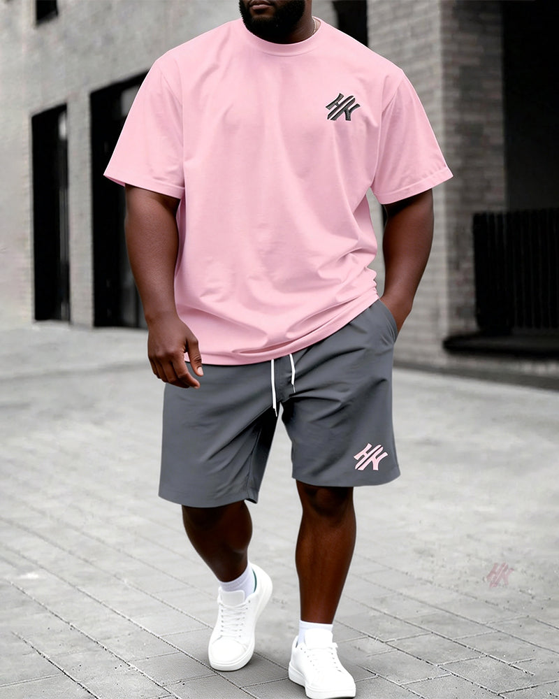 Big & Tall Men's Dark Brown Letter Print Round Neck Short Sleeve T-Shirt and Shorts Set