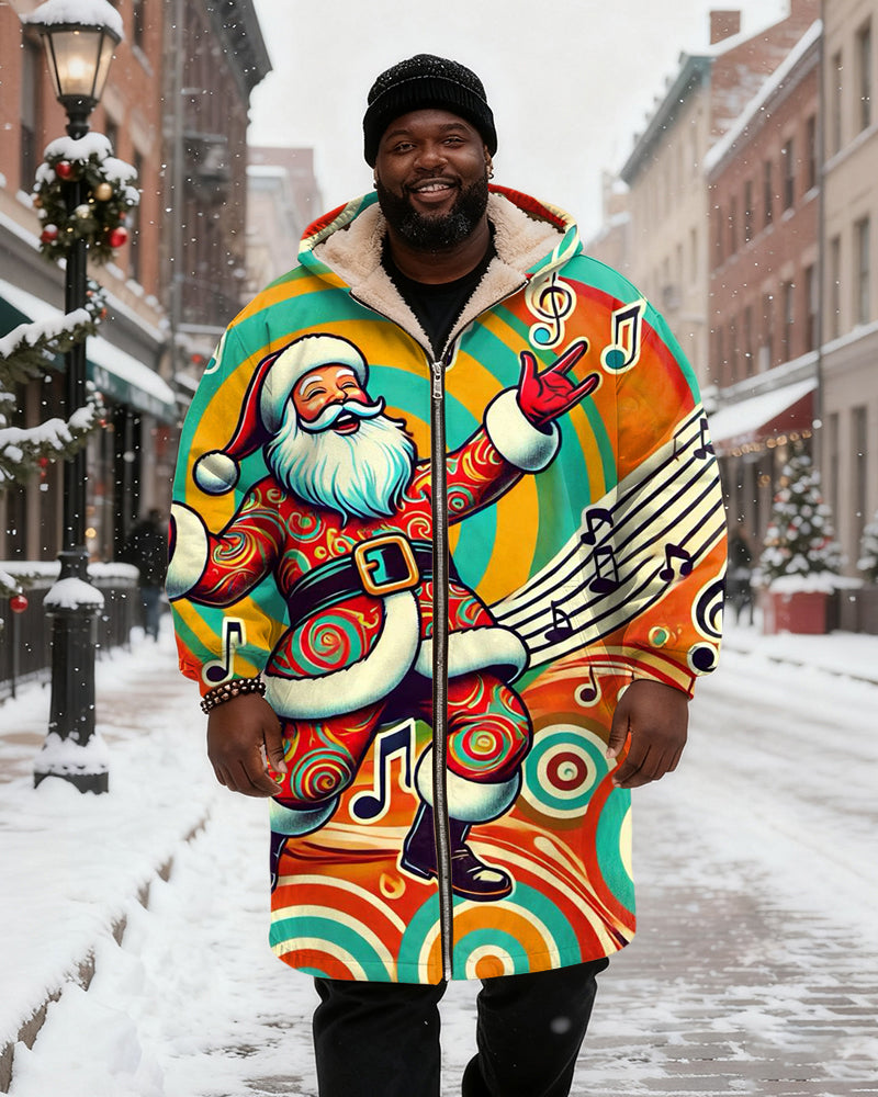 Big & Tall Men's Color Christmas Swing Note Printed Velvet Thickened Long Hooded Coat