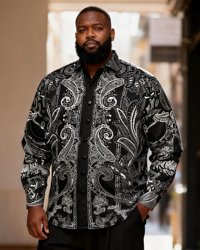 Big & Tall Men's Vintage Black And White Cashew Flower Print Long Sleeve Shirt