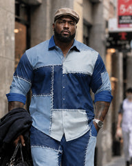 Big & Tall Men's Color-block Denim Patch Print Long Sleeve Shirt Pants Set