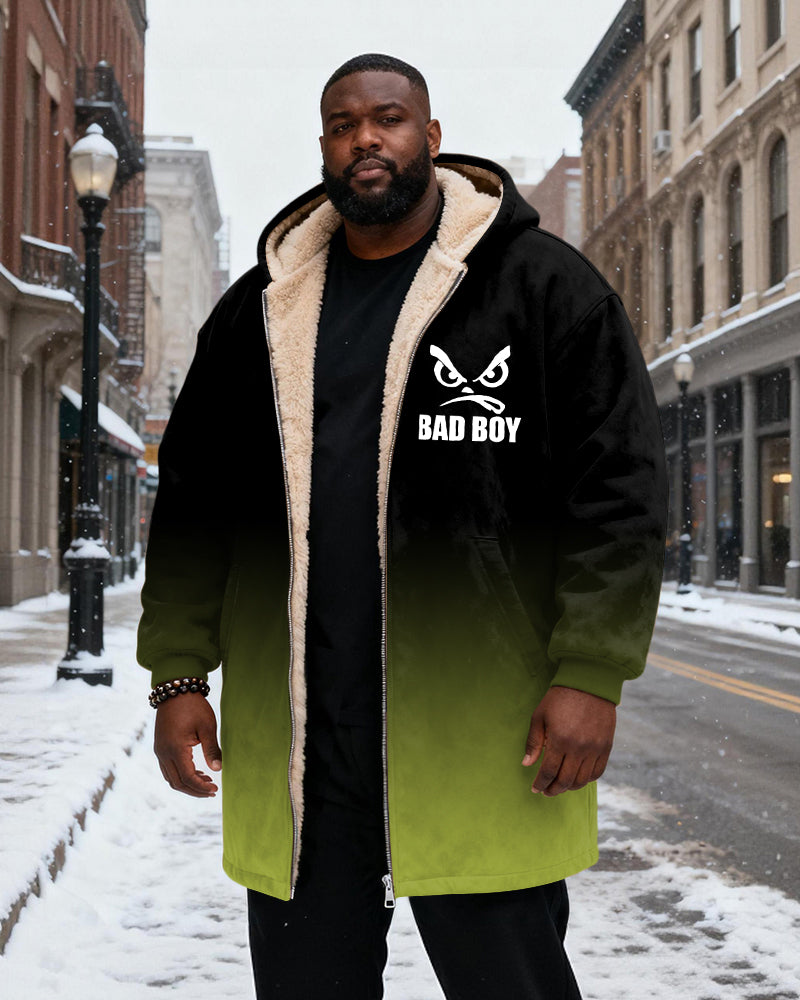 Big & Tall Men's "BAD BOY" Orange Black Gradient Printed Velvet Padded Long Hooded Coat