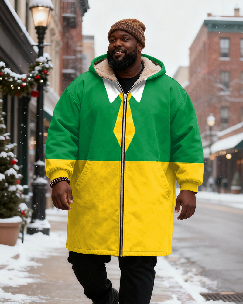 Big & Tall Men's Green And Yellow Tie Shirt Cosplay Printed Velvet Thickened Long Hooded Coat