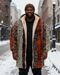 Big & Tall Men's Tribal Geometric Pattern Printed Velvet Thickened Long Hooded Coat