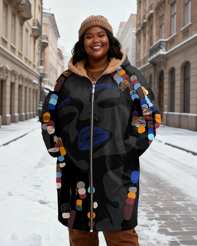 Women's Black Grey Abstract Face Color Beaded Print Velvet Thickened Long Hooded Coat